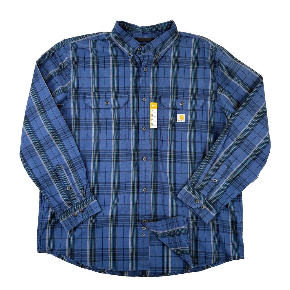 Carhartt Chambray Long Sleeve Plaid Mens XL Blue Loose Fit Workwear NWT *FLAW*
